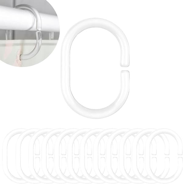 Duschdraperiringar, 12 stycken, transparenta, robusta duschdraperiringar av plast, gardinkrokar för duschdraperistäng, duschdraperikrokar