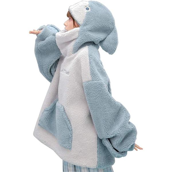 Hættetrøje Dame Hætte Shark Plys Hættetrøje Fuzzy Indvendig Fleece Løstsiddende Trøje Topper Tøj til Par Hjem