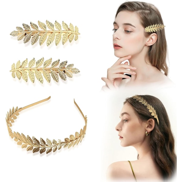 Set med 3 guld-Laurel Leaf Headpieces för flickor, Grek Gold Leaf Pannband, Brudband, Bohemian Headdress, Gold Hårklämmor (guld)