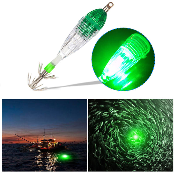 LED vandtæt undervandsfiskeri lokkelampe med blækspruttestikkroge, model: Grøn