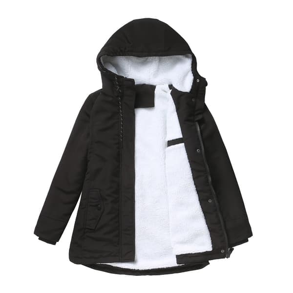 Varm vinterjakke med uldfor, damemodel, tyk parka med hætte, sort Black L