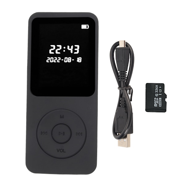 MP3 MP4-spiller Bluetooth 5.0 Ultratynn Digital LCD 1,77 tommers skjerm Innebygd HD-høyttaler Bærbar HiFi-musikkspiller med 32G minnekort