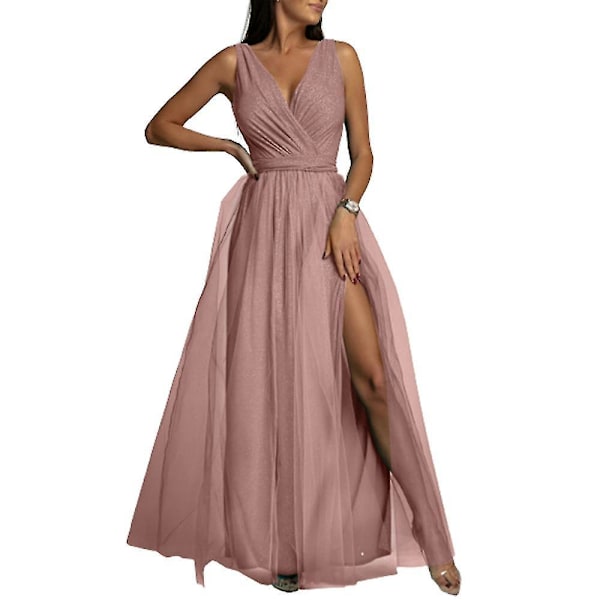 Elegant V Neck Maxi Bridesmaid Dress for Women's Wedding and Prom L Champagne