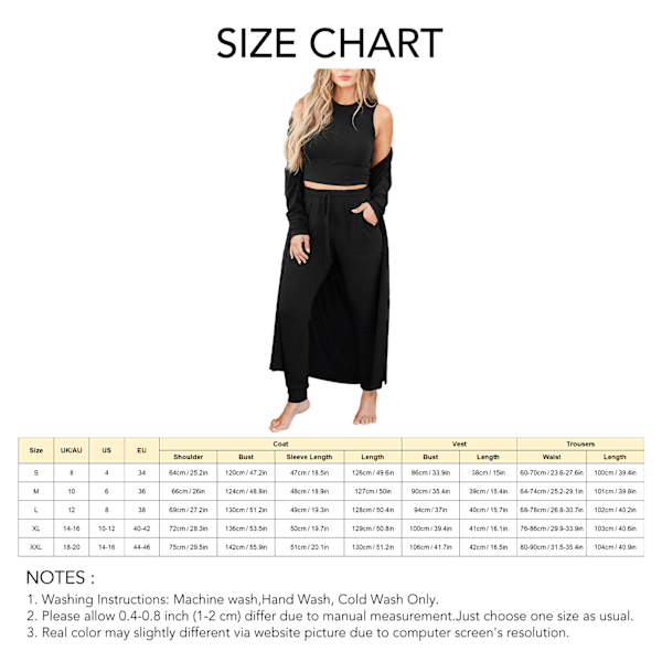 Kvinner Pyjamassett Høst Vinter Hjem Klær Sett 3 deler Loungewear Sett Vest Bukser Cardigan Sett Svart XL