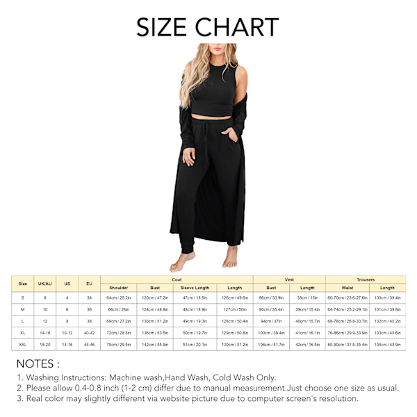Kvinnor Pyjamas Set Höst Vinter Hem Kläder Set 3 delar Loungewear Set Väst Byxor Cardigan Set Black XL