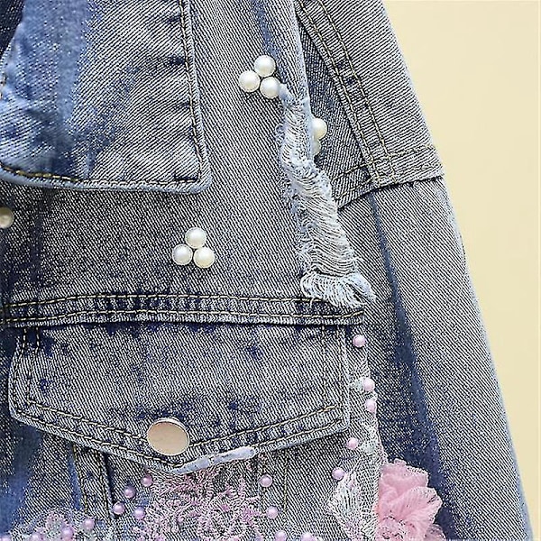 Blommig broderad denimjacka - Rosa XL