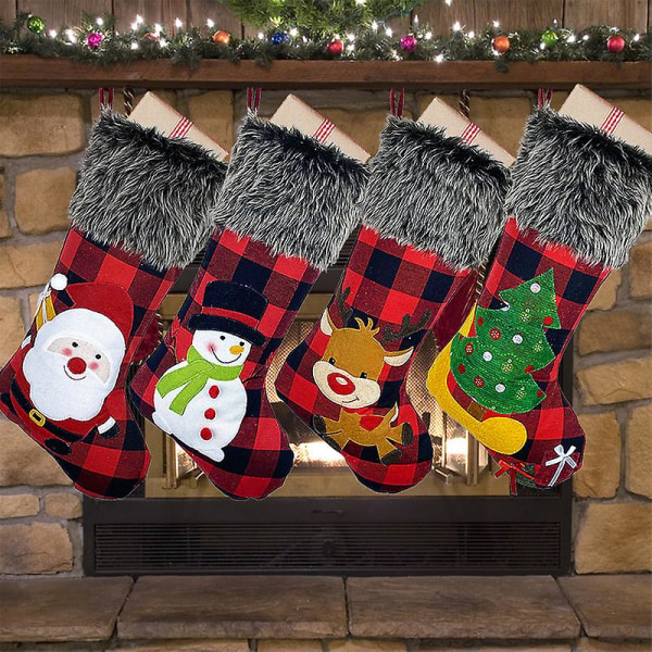 Julestrømper sett med 4 - store julestrømper 18 juletrepynt med nisse, snømann, reinsdyr - gaveholdepose Godteripose til peis