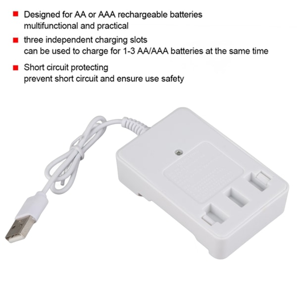 Bärbar ABS 3,6V laddare med tre platser för AA AAA uppladdningsbart batteri med USB-kontakt