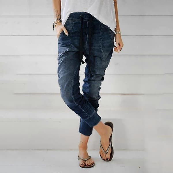 Kvinnor Elastisk Midja Drop Crotch Jeans Harembyxor Dragsko Denim Långbyxor Tummansininen M