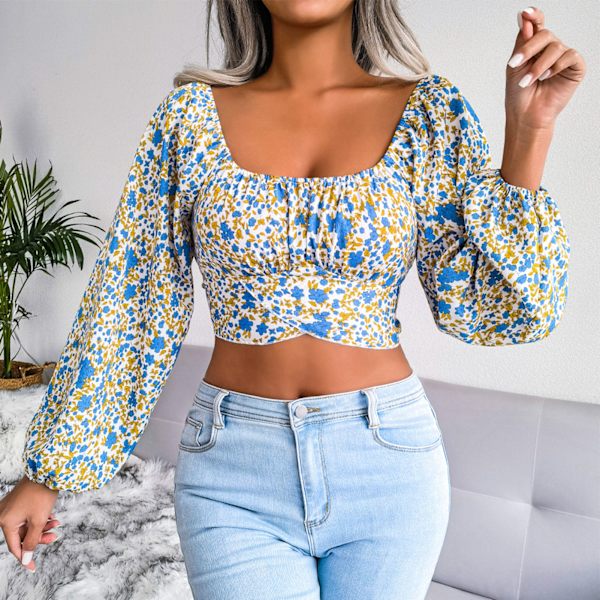 Naisten Kukallinen Neliökaulus Pitkähihainen Selkä Solmio Solmio Crop Top Paita Valkoinen XL