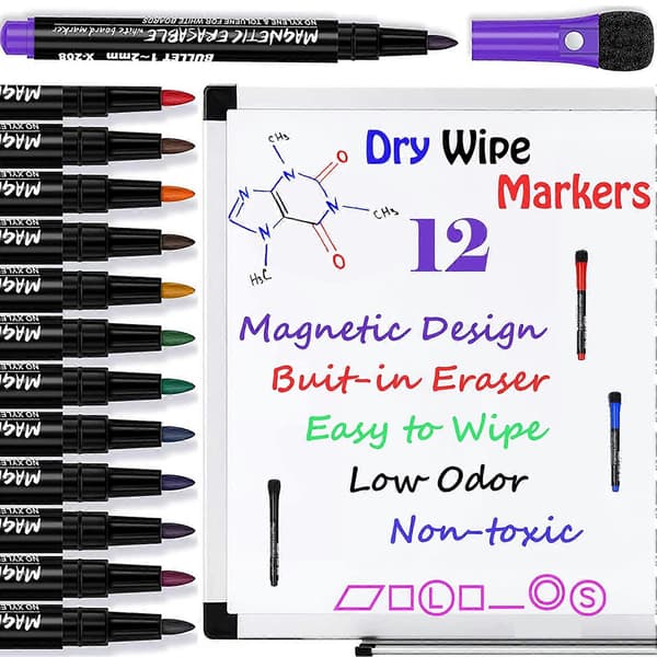 12 Whiteboardpennor, magnetiska whiteboardpennor med suddgummi