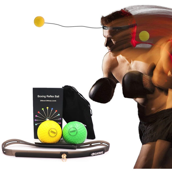 Bokserefleksbolde med silikone fitness pandebånd, stansetræningsboldsæt, model: gul og grøn