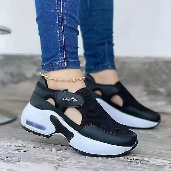 Women's Black Orthopedic Air Cushioned Flying Woven Sneakers for Casual Walking