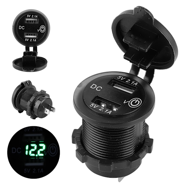 Dobbel USB-billader Sigaretttenneruttak Bilmodifisering med voltmeter 1224V 2.1A+2.1A (grønn indikator)