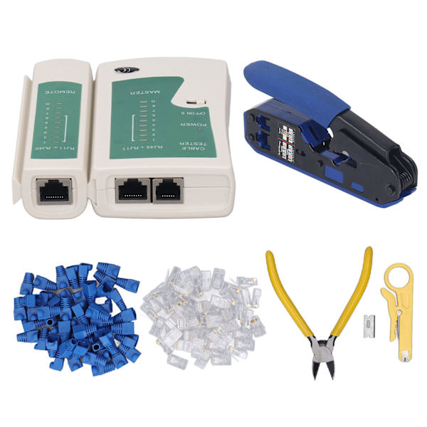 RJ45 Krympeverktøysett Strippetang 8P8C Krystallhode Nettverkstestersett for Cat5 Cat6 Kontakt