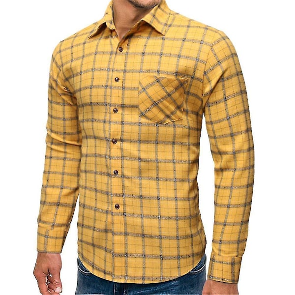 Slim Fit Yellow Checked Long Sleeve Men's Casual Office Button-up Shirt Tops