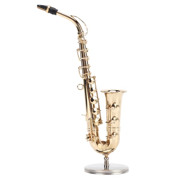 Miniatyr Altsaksofon Replika med Stativ og Etui Mini Saksofon Musikkinstrument Dukkehus Modell Ornament 16 cm
