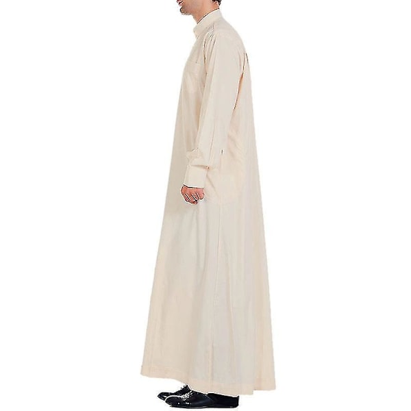 Enkel Beige Mænds Muslimsk Islamisk Lang Robe Thobe Kaftan Kjole