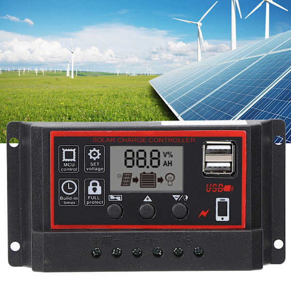 LCD-aurinkopaneelilaturi 5V /2.5A Kaksi USB PWM-kennolevyohjain Automaattinen tunnistus 12V 24V 30A