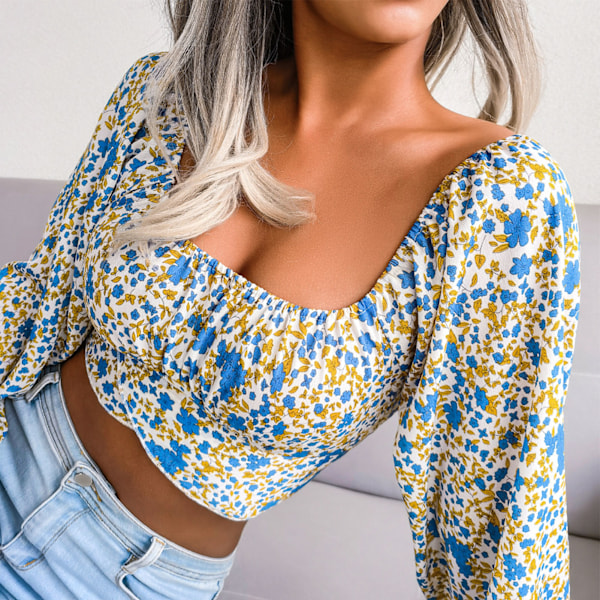 Kvinder Blomstermønster Firkantet Hals Lygte Langærmet Ryg Knytte Bowknot Crop Top Bluse Hvid XL