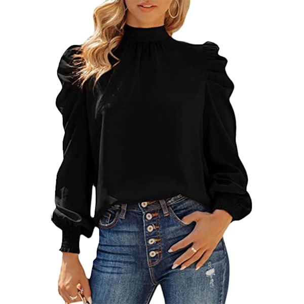 Kvinner langermet puff-ermet topp Skjorte Stilig Elegant Løstsittende Casual Ensfarget Høy hals bluse for jobb Svart XL