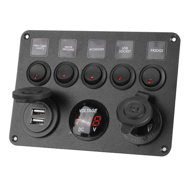 5 Gang LED Toggle Switch Panel med Digital Voltmeter Universal til RV Bil Motorbåd Rød