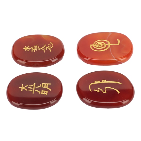 4 stk. Naturlige Runesten med Graverede Reiki Symboler Flade Ovale Meditationsrunesten med Opbevaringspose Rød Agat