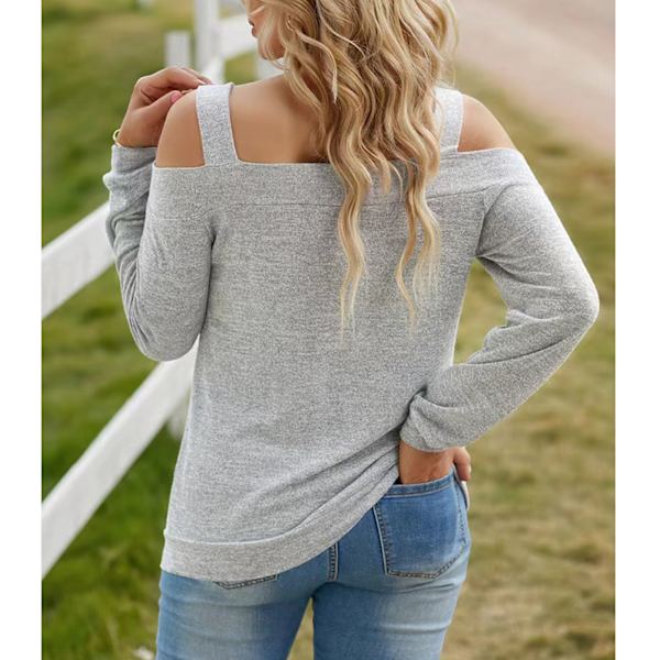 Kvinner kald skuldertopp Cut Out Design Ensfarget Fashionabel Langærmet Bluse for Hjemmekjøp Grå M