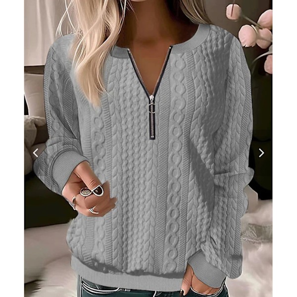 Kvinnor Halv Zip Kabel Stickad Tjock Blus Långärmad Halv Dragkedja Andas Moderiktig Pullover Tjock Blus Grå XXL
