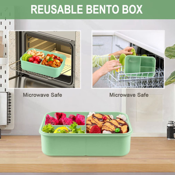 Lunchlåda för vuxna, 1200 ml Bento-låda för barn med 3 fack, läckagesäker Bento-lunchlåda med redskap, grön