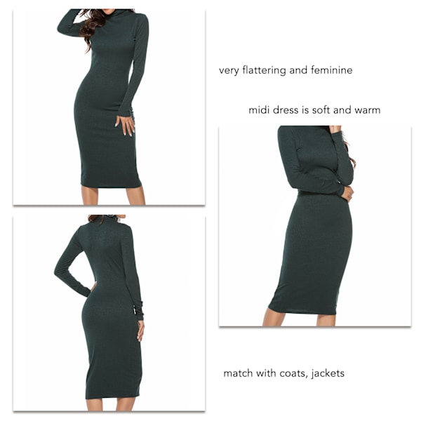 Dam turtleneck Ribbad långärmad stickad tröja klänning Basic Enfärgad Elastisk Slim Fitting Mjuk Varm för Party Date Grön S