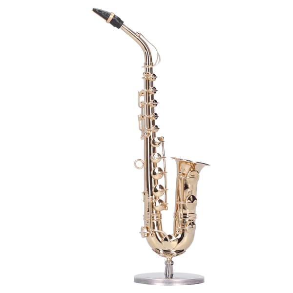 Miniatyr kobber saksofonmodell med stativ Mini musikkinstrument ornament gaver
