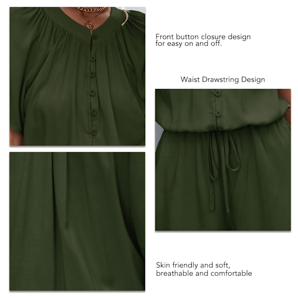 Button Top Kort Jumpsuit Snörning One Piece Byxor Casual Rund Neck Maskintvätt för kvinnor Semester Strand Grön S