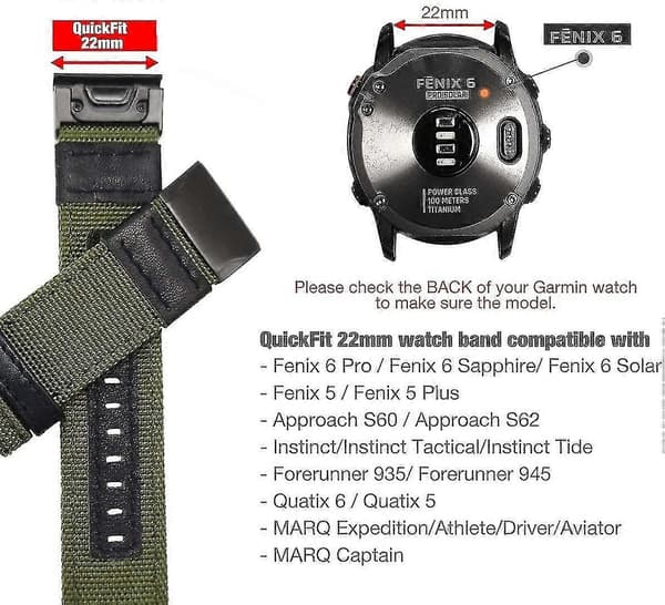 22 mm nylonrem passer til Garmin Fenix 5/Fenix 6 (grøn)