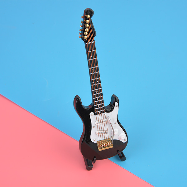 Delikat 14 cm mini tre elektrisk gitarmodell pyntsamling med stativ (svart)