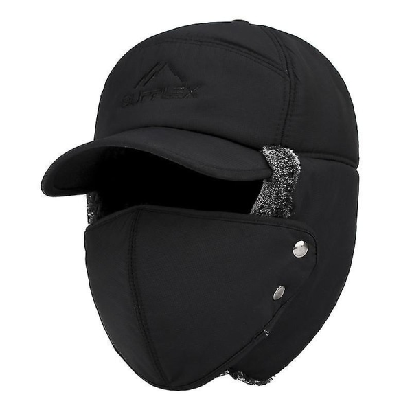 Unisex Vinter Warm Trapper Hat 3 i 1 Fuskpäls Bomber Hat Öronlapp med avtagbar mask Vindtät Trooper Hat Black