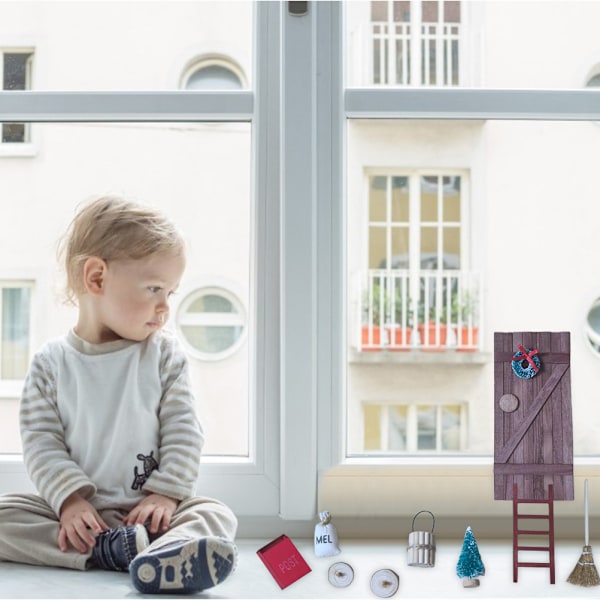 9 st Dockhus Tillbehör Gnome Dörr Set Dörr Kvast Julgran Brevlåda Stege Julkrans Jul Gnome Kit