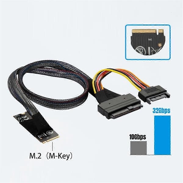 M.2 M-Key til U.2 SFF-8639 adapterkabel, 15-pinners strømkontakt, for NVMe U.2 SSD, 32 Gbps