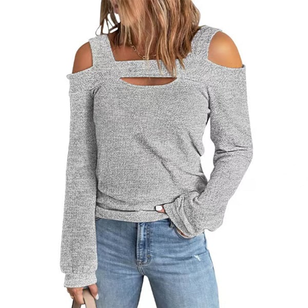 Kvinner kald skuldertopp Cut Out Design Ensfarget Stilig Langærmet Bluse for Hjemmekjøp Grå L