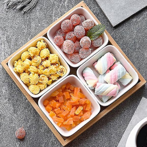 Keramisk sauceskål opdelt dyppeskål bambusbakke til krydderidyp opbevaring serveringsfad til køkken krydderier eddike nødder Three grids with lid