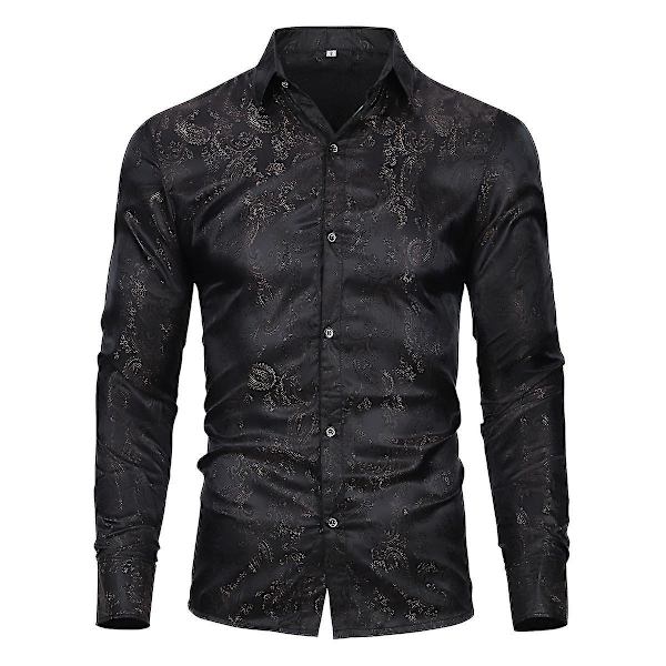 Skjorte med Cashewnøddeblomstbroderi - Mænds Langærmet (Sort, 3XL)
