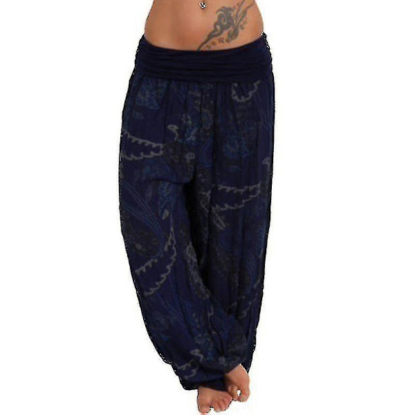 Paintetut tummansiniset haaremihousut naisille plus-kokoisille - leveät lahkeet, löysät housut (3XL)