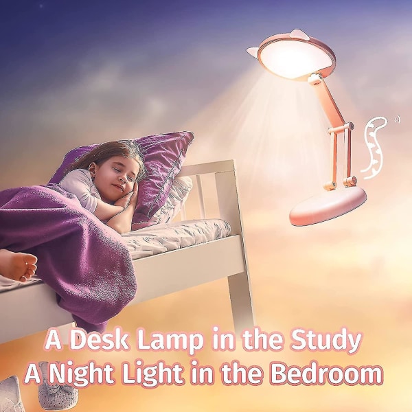 Søt skrivebordslampe for barn, led skrivebordslampe usb-lading og trinnløs dimming, liten skrivebordslampe + bærbar sammenleggbar