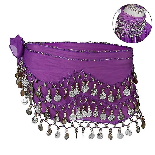 Hoftetørklæde til mavedans, kvinders mavedanstørklæde med møntskørt Purple