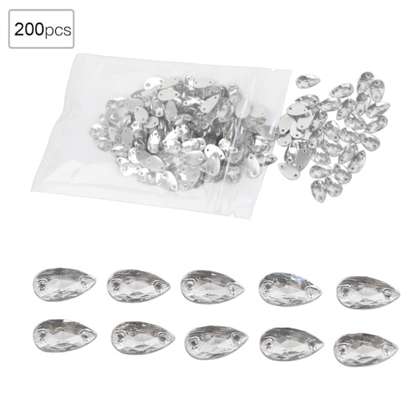 200 stk Krystalperle Akrylharpiks Dråbe Syet Rhinestone Knapper 7x12mm Sko Dekoration (Hvid)