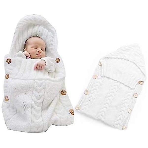 Nyfödd baby stickad svepfilt sovsäck för 0-12 månader, vit