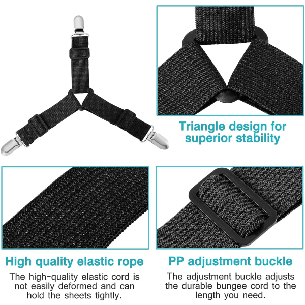 Sett med 4 justerbare sengebånd med elastiske stropper og andnebbklemmer i metall (svart-triangel, 4)