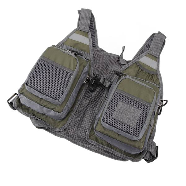 Fiskevest med remme, fluefiskevest, 8 lommer, Oxford-stof, reflekterende striber, mesh-for, justerbar fiskeudstyr til udendørs, OD grøn