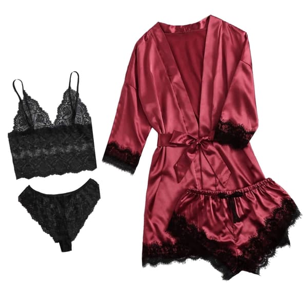 4st Kvinnor Satin Pyjamas Set Blommor Spets Trim Camisole Underkläder Sovkläder med Robe M Röd