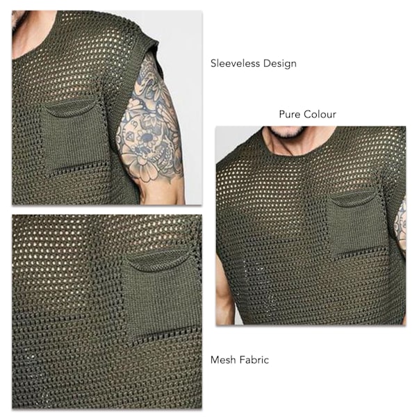 Mænds Tanktop Mesh Design Ren Farve Ærmeløs Vest Maskinvask til Hjem Dating Grøn L